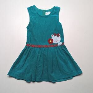 Vintage Dress Girls Size 4T Teal Corduroy Drop Waist Kitty Sleeveless Applique